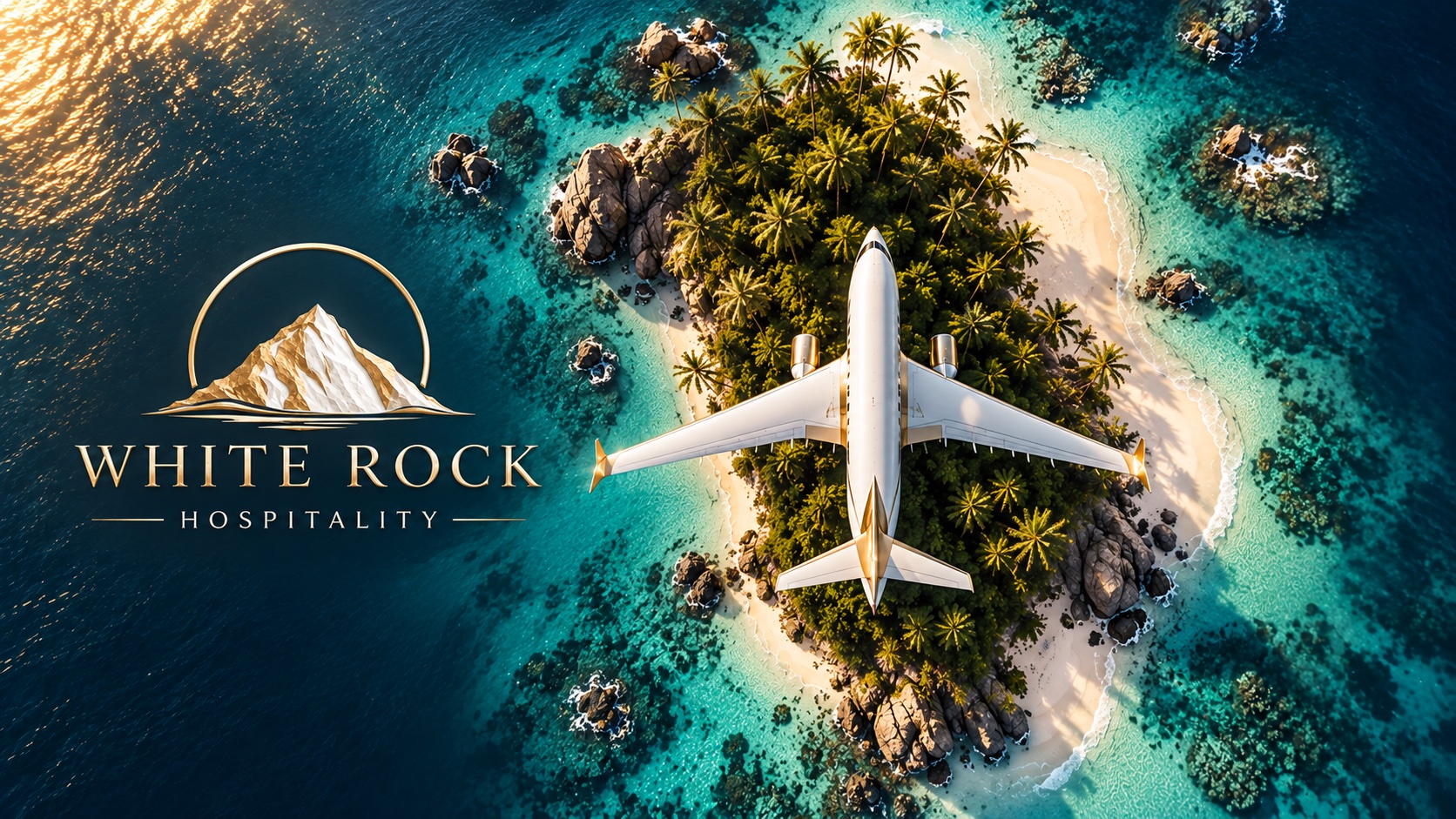 White Rock, a private jet crossing a secluded island