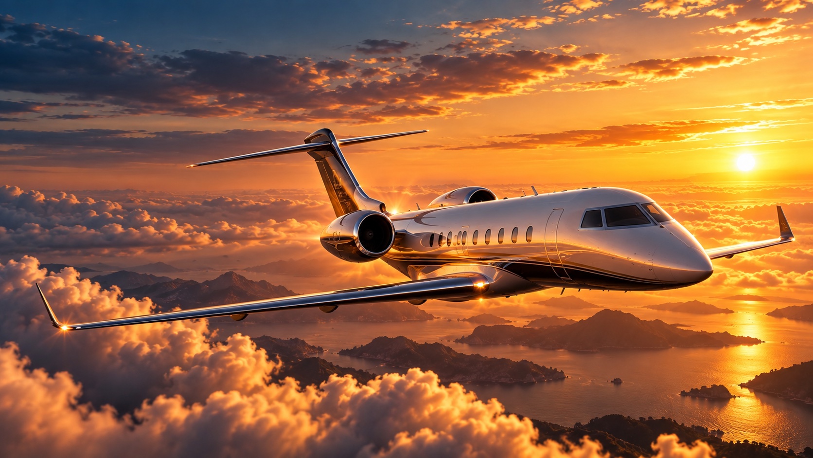 A private jet crossing above the clouds at sunset