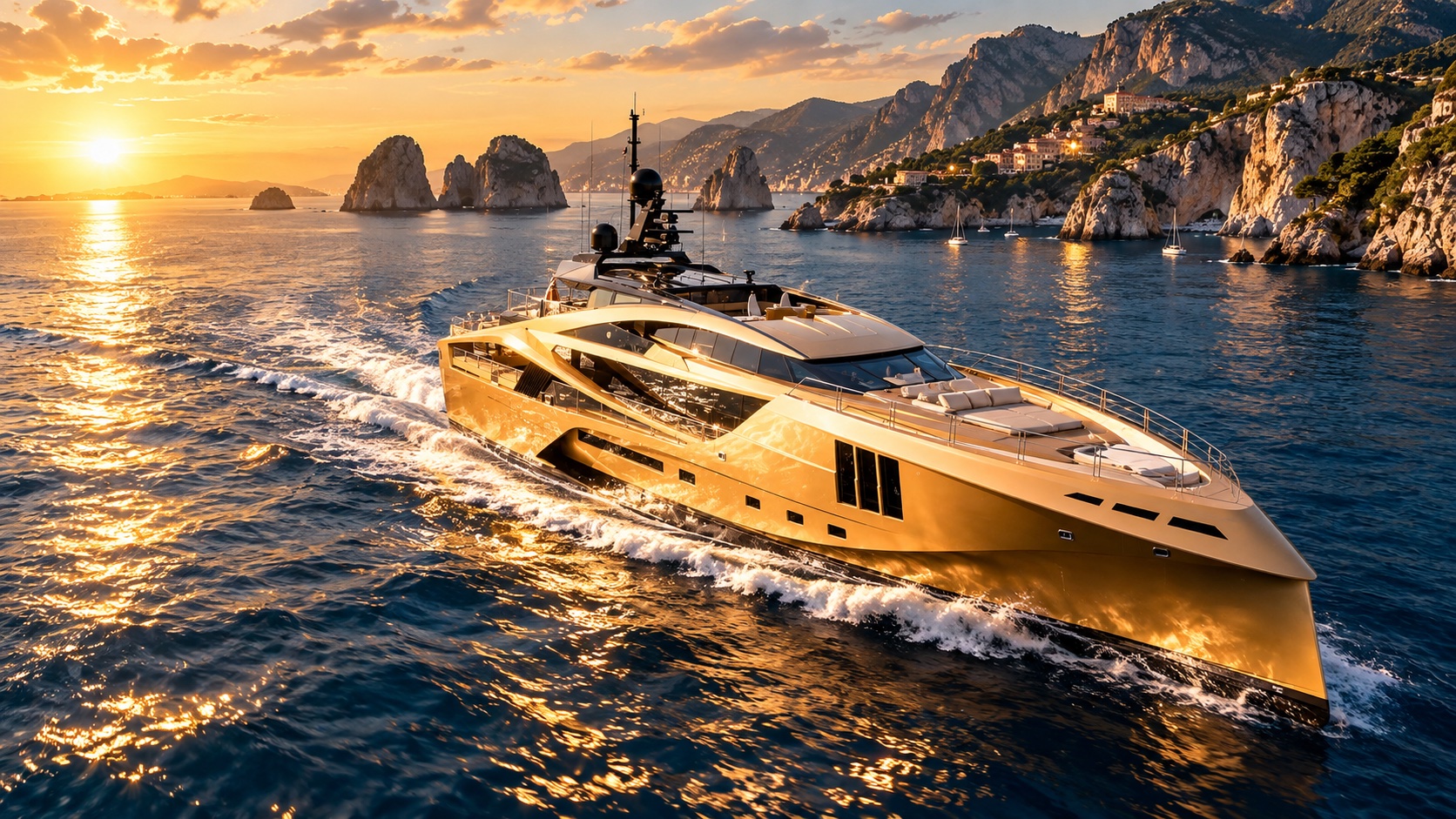 A gold-hulled megayacht at sunset off the Amalfi coast